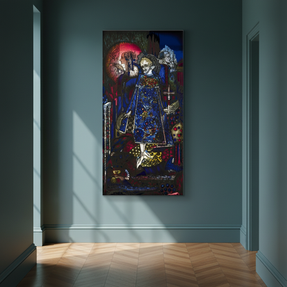 The Song of the Mad Prince canvas print on a teal wall in a hallway with a herringbone floor