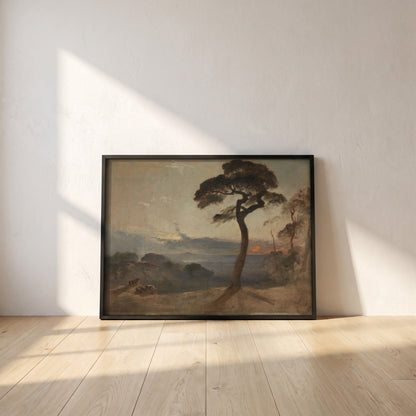 Hampstead Heath, Sunset framed print in a black frame leaning against a white plaster wall on oak floorboards in morning light