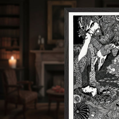 Close up of Harry Clarke Earth Grew Dark 1923 framed print showing intricate gothic linework detail with candlelight

