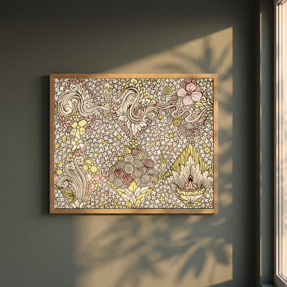Floral Textile Design framed print in a natural oak frame on a dark green wall beside a window, dappled plant shadow
