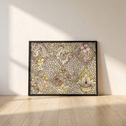 Floral Textile Design framed print in a black frame leaning against a white plaster wall on oak floorboards in morning light