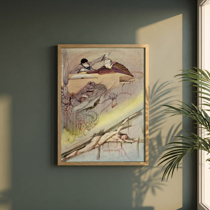 Harry Clarke framed print in a natural oak frame on a dark green wall beside a window, dappled plant shadow