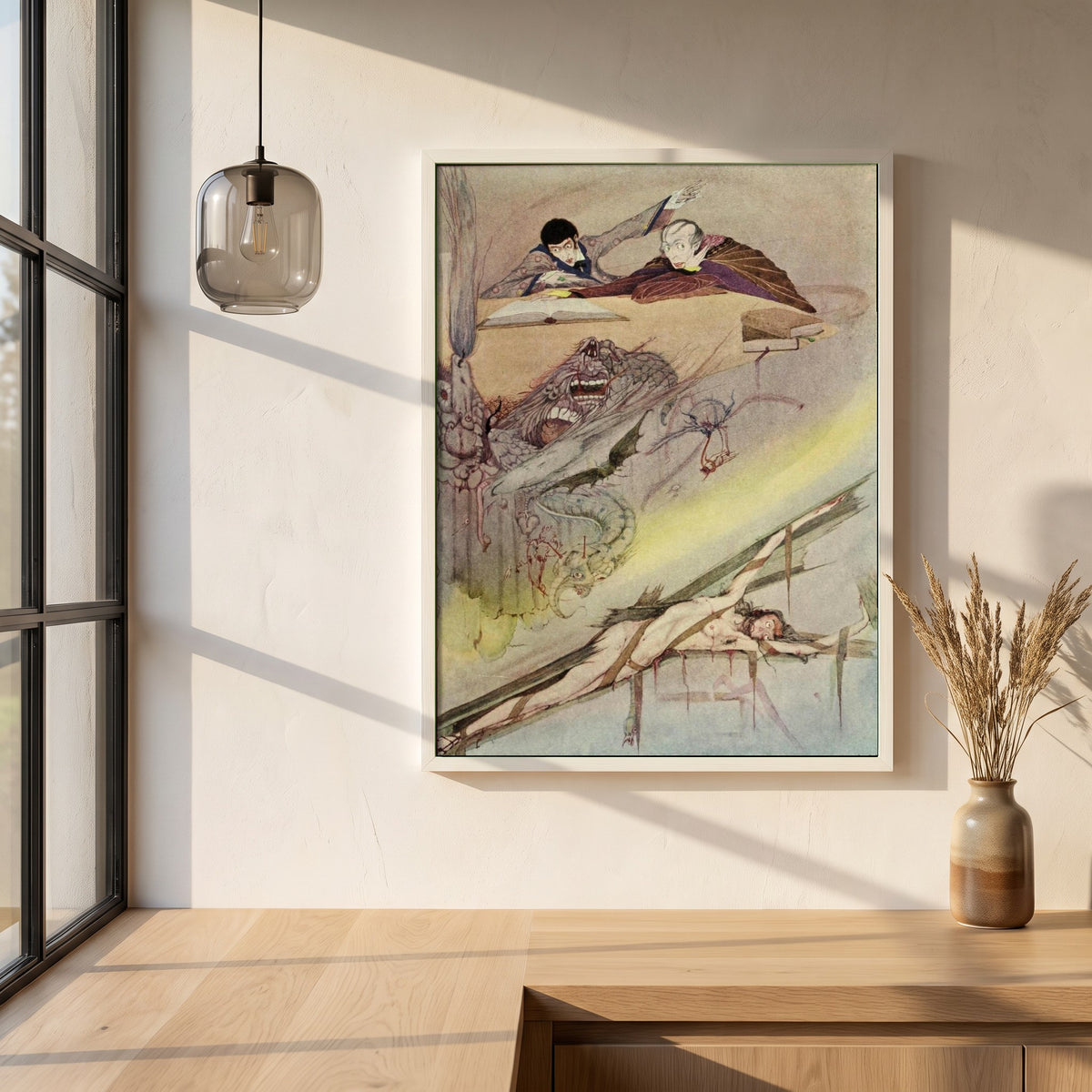 Harry Clarke framed print in a white frame on a plaster wall above an oak worktop in a bright Scandinavian kitchen