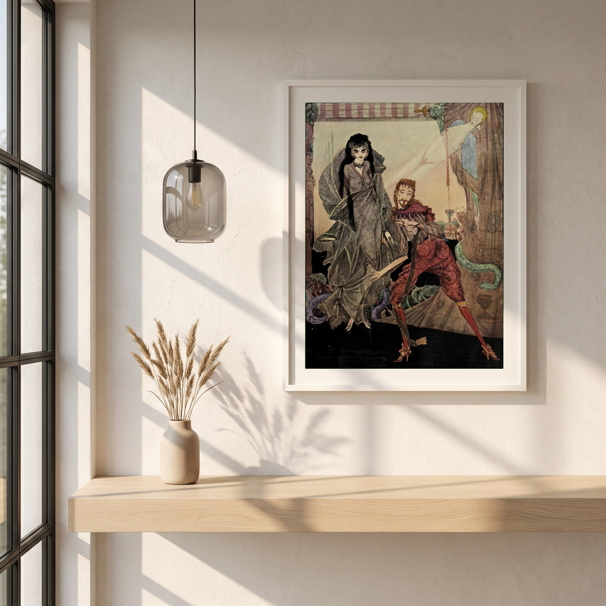 Harry Clarke framed print in a white frame on a plaster wall above an oak worktop in a bright Scandinavian kitchen