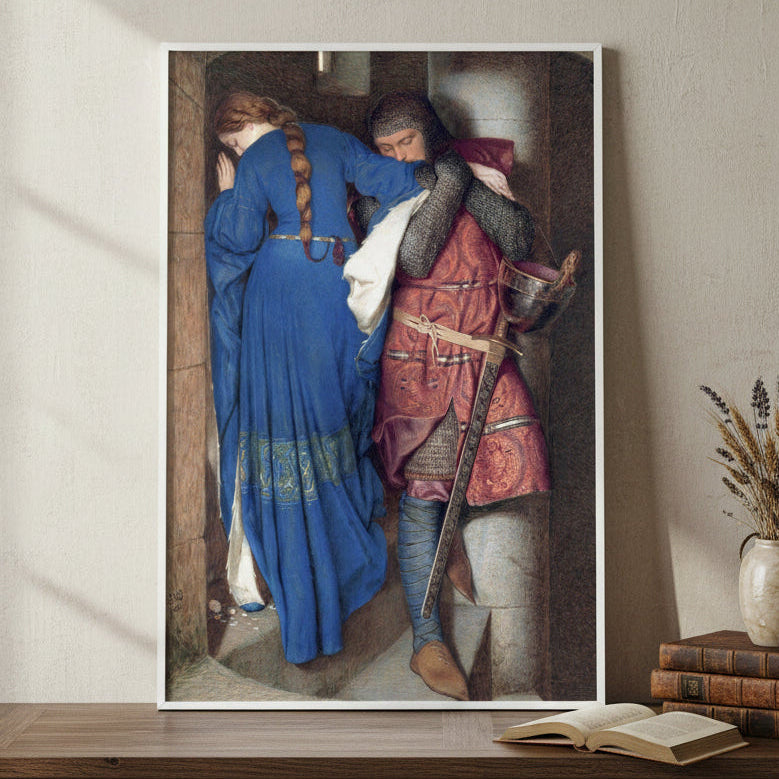 Pre-Raphaelite painting of Hellelil and Hildebrand embracing on stone stairs, tragic medieval romance by Frederic William Burton