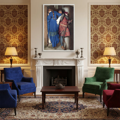 The Meeting on the Turret Stairs above a marble fireplace in an Edwardian drawing room with velvet armchairs and warm lamplight