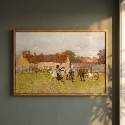 Here We Dance, Lubin Lubin by Rose Barton framed print in a natural oak frame on a dark green wall beside a window, dappled plant shadow