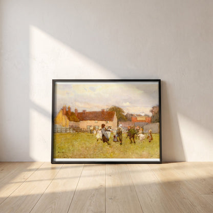 Here We Dance, Lubin Lubin by Rose Barton framed print in a black frame leaning against a white plaster wall on oak floorboards in morning light