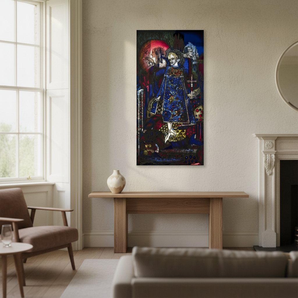 The Song of the Mad Prince canvas print above a wooden console beside a fireplace in a bright room