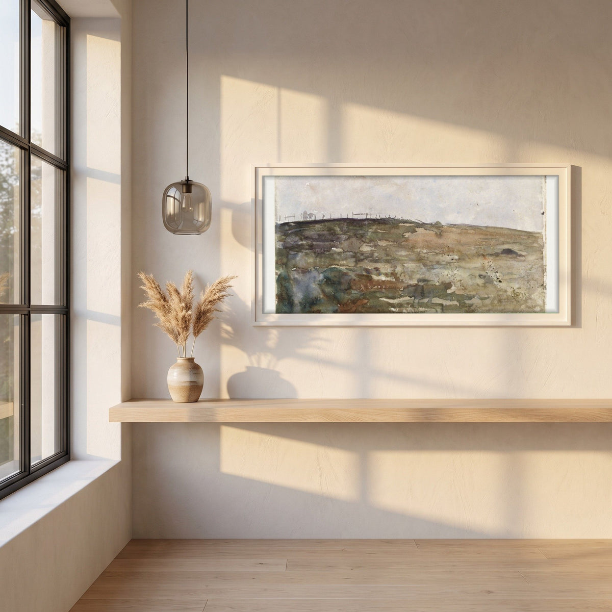 Hillside Heather framed print in a white frame on a plaster wall above an oak worktop in a bright Scandinavian kitchen