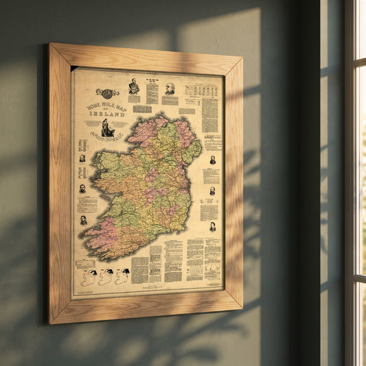 Home Rule Map of Ireland 1893 framed print in a natural oak frame on a dark green wall beside a window, dappled plant shadow