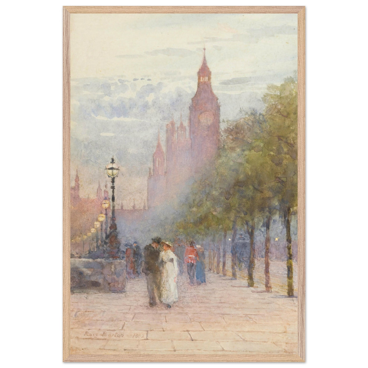 Houses of Parliament and Westminster by Rose Barton framed in natural oak, straight-on view