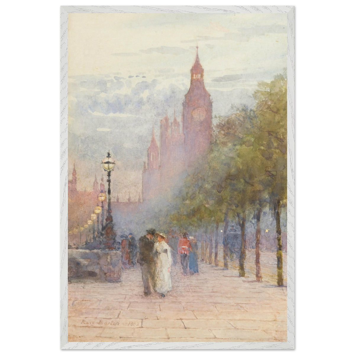 Houses of Parliament and Westminster by Rose Barton framed in white, straight-on view