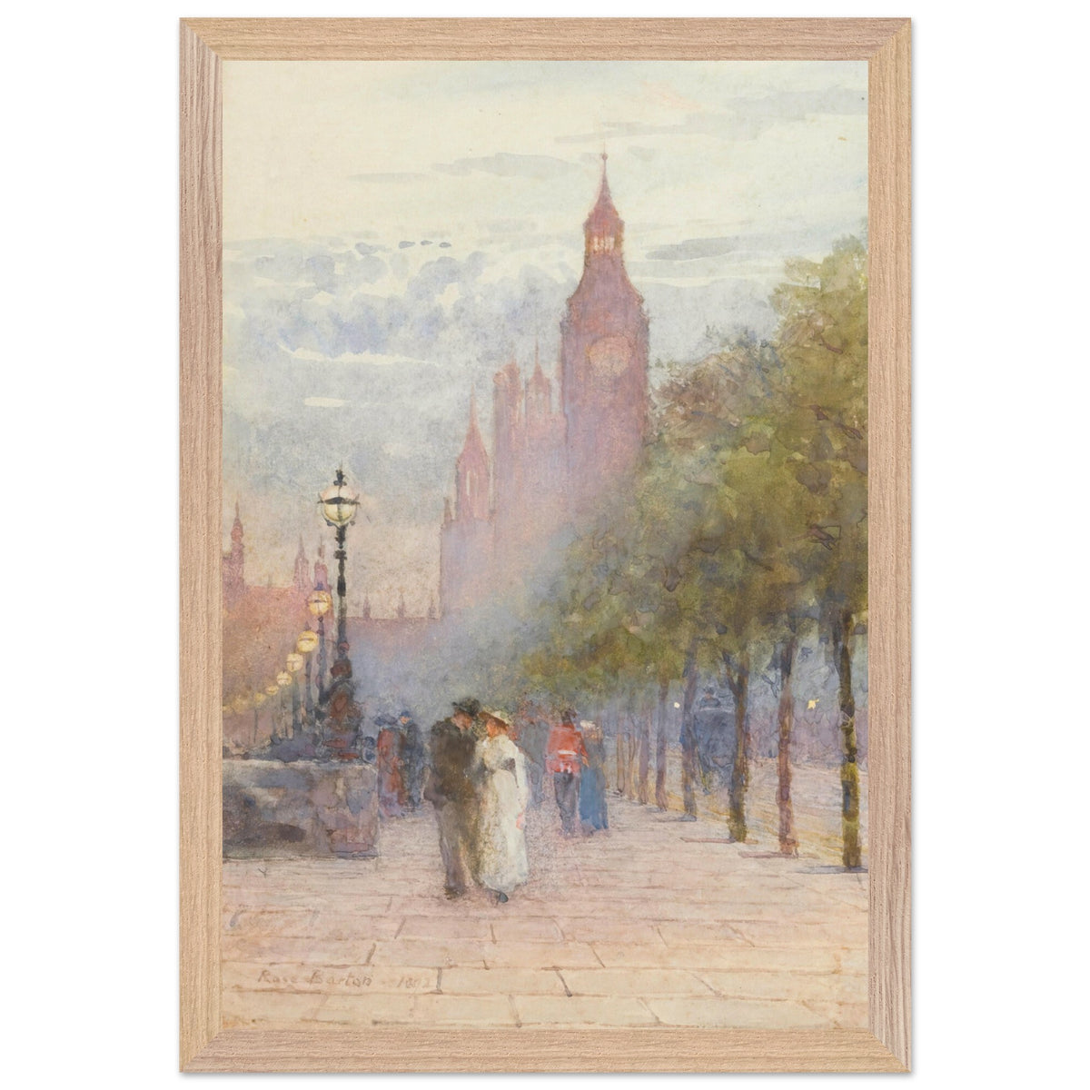 Houses of Parliament and Westminster by Rose Barton, framed print in a natural oak frame