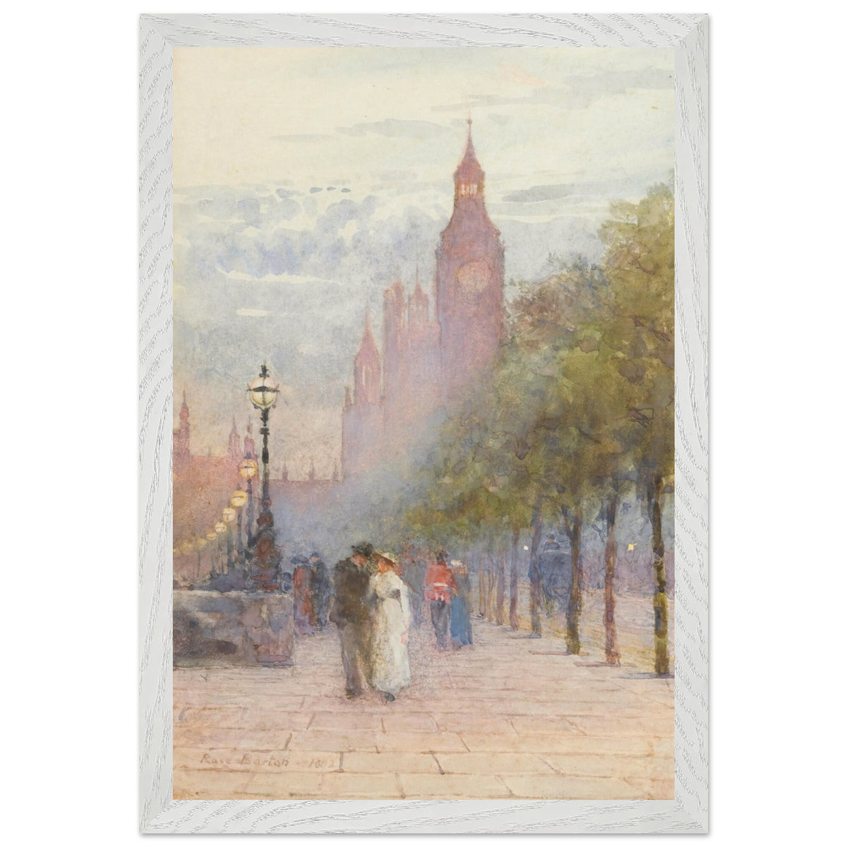 Houses of Parliament and Westminster by Rose Barton, framed print in a white frame