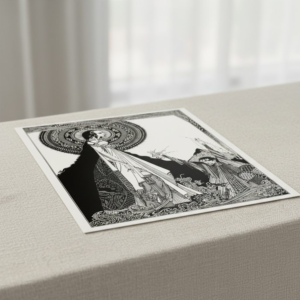 I Would Call Aloud by Harry Clarke unframed print lying on a linen tablecloth in soft light