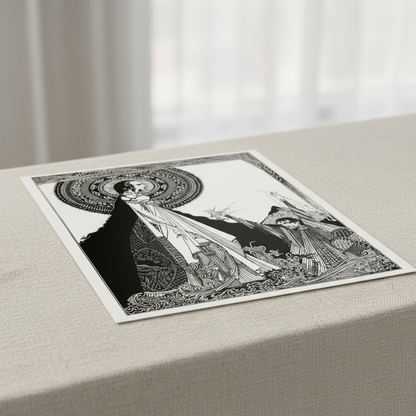 I Would Call Aloud by Harry Clarke unframed print lying on a linen tablecloth in soft light