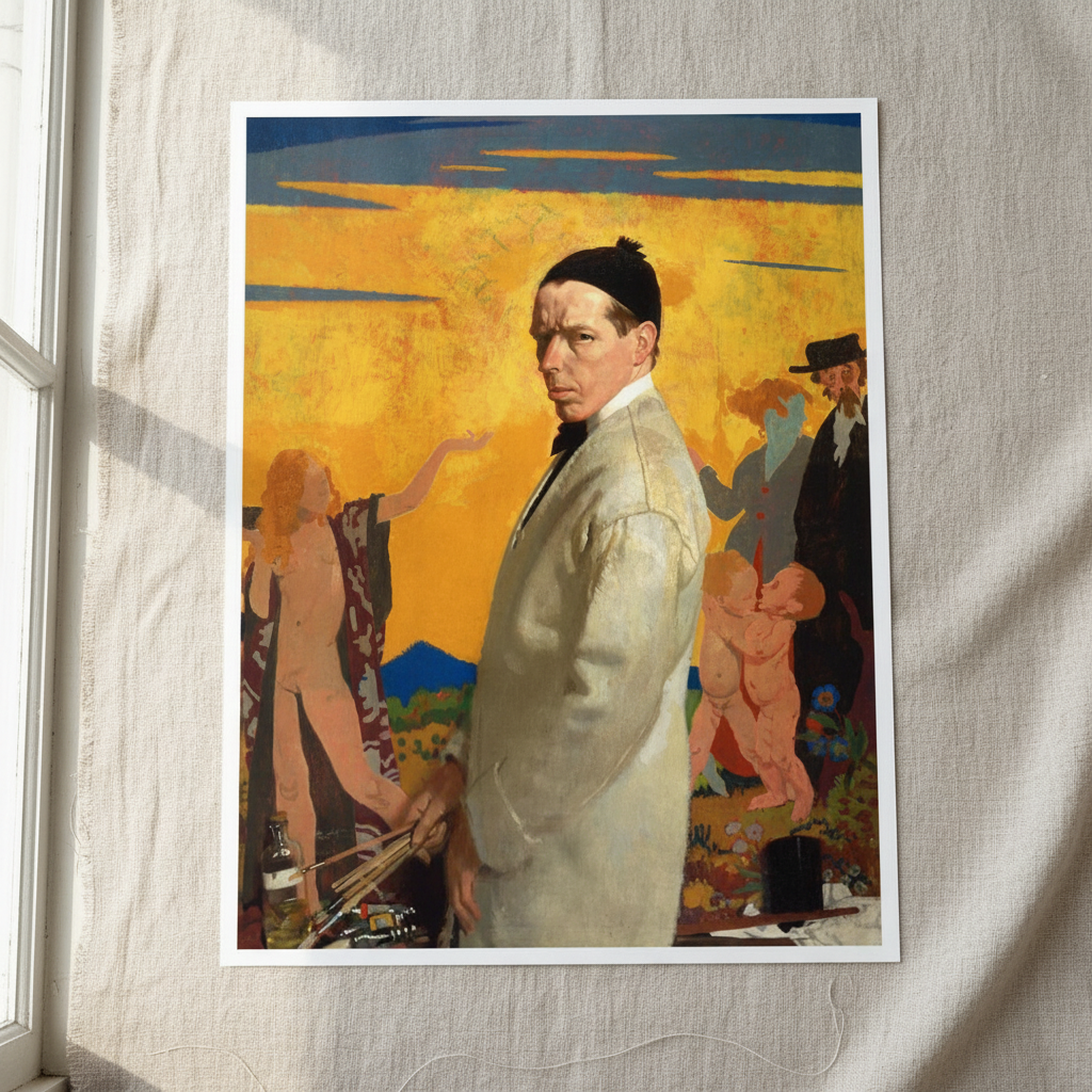 William Orpen Sowing New Seed self-portrait, unframed print with white border against linen in window light