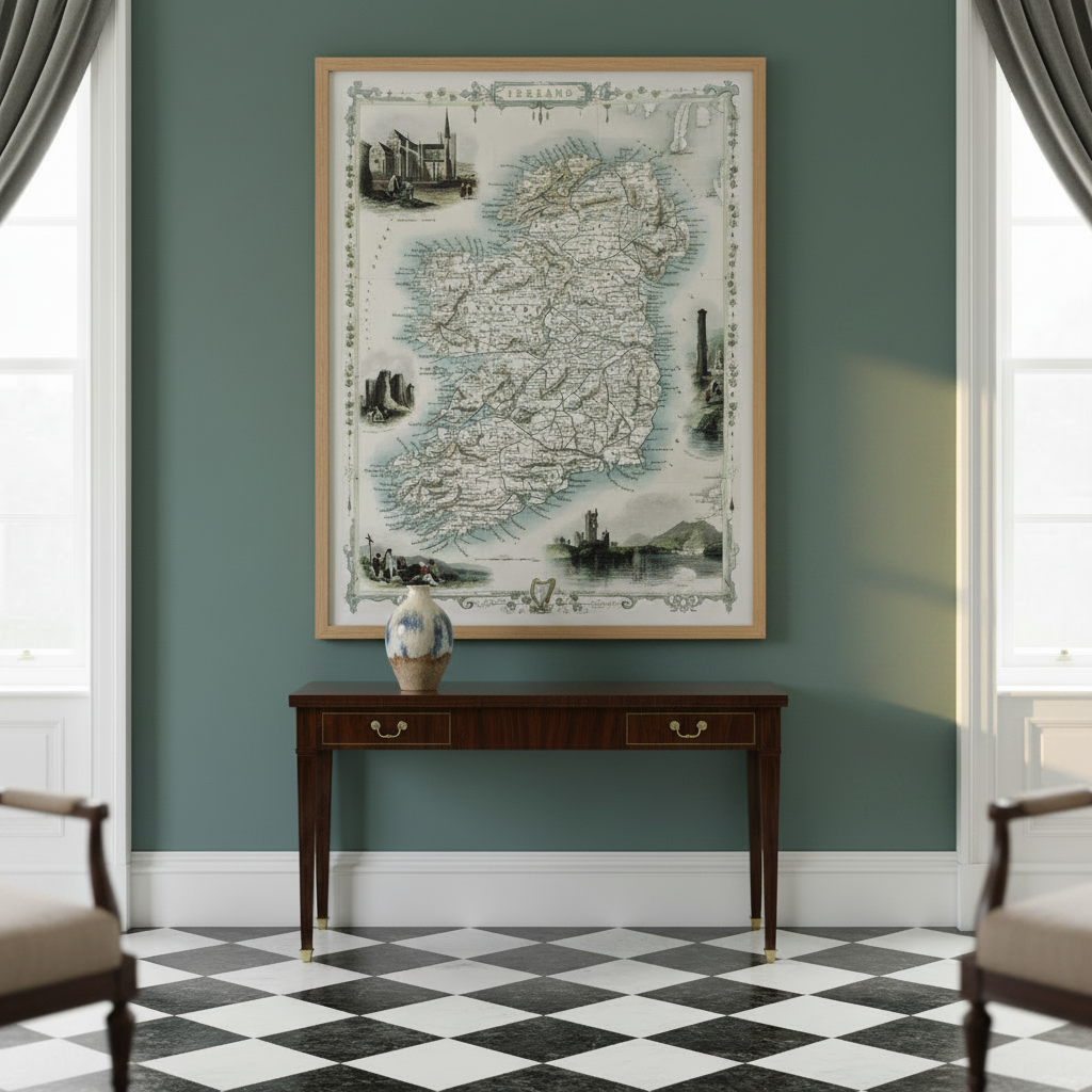 Old map of Ireland in a wood frame above a console with a vase, flanked by armchairs and tall windows