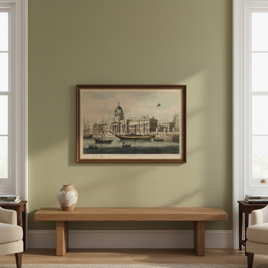 The Custom House, Dublin by Samuel Frederick Brocas and Henry Brocas displayed in an elegant Irish period-home living room