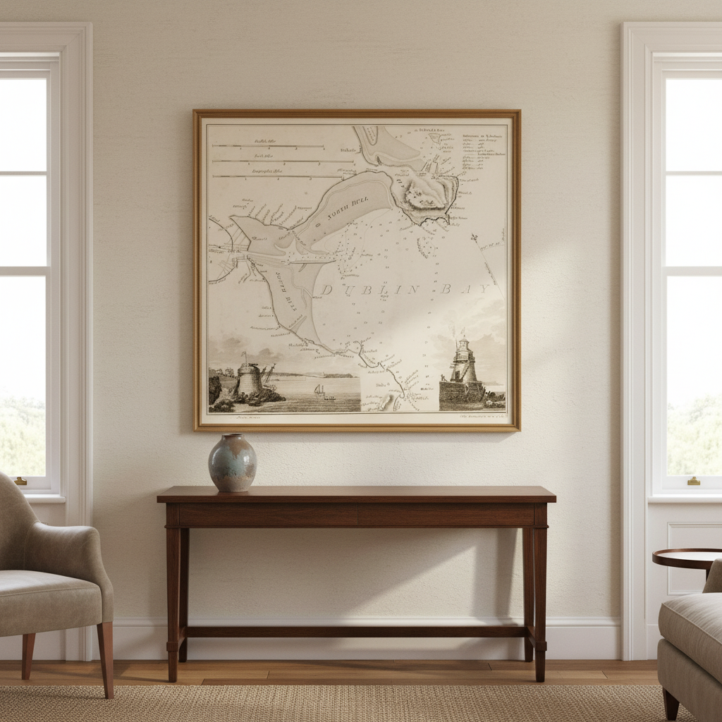 Nautical map of Dublin Bay in an oak frame above a wooden console table between two windows