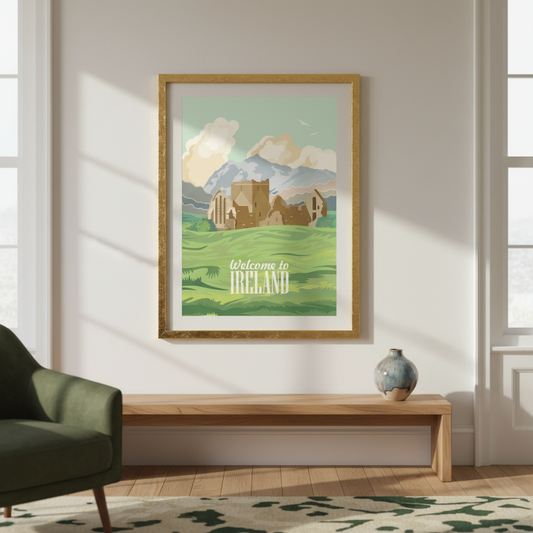 Welcome to Ireland vintage Irish travel poster displayed in an elegant period-home living room
