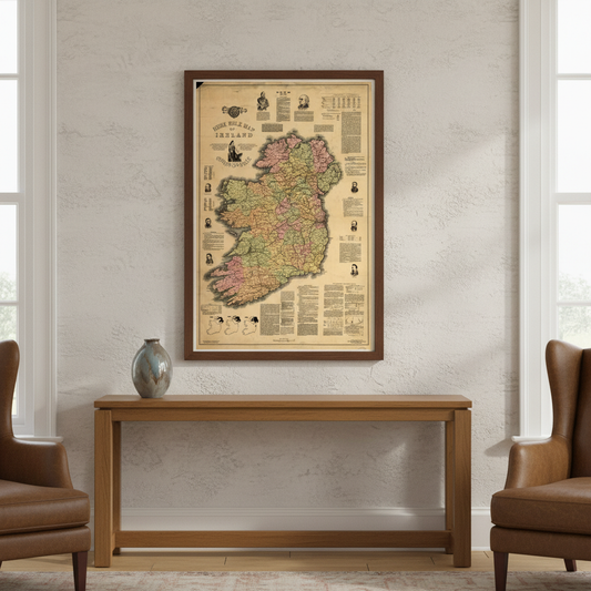Home Rule Map of Ireland 1893 in a dark wood frame above a console table between leather armchairs