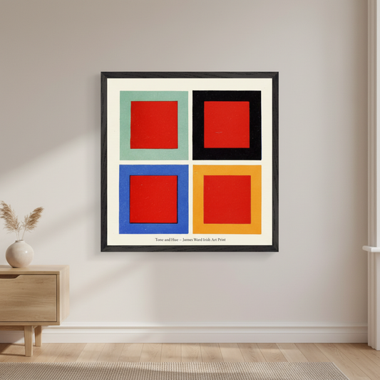 James Ward Tone and Hue colour study print in a black frame above an oak sideboard in a neutral room