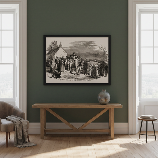 Irish Emigrants Leaving Ireland historical print displayed in an elegant Irish period-home living room
