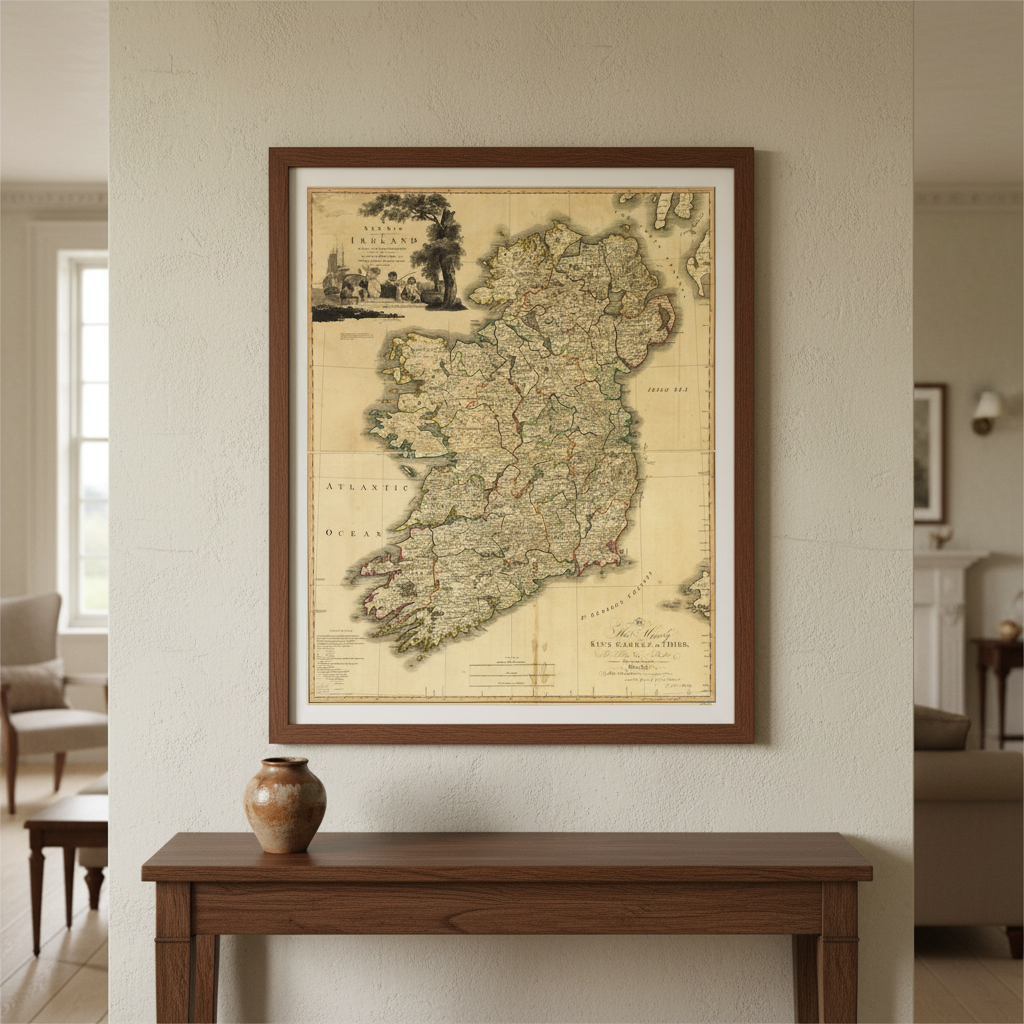 Memoir of a Map of Ireland by Daniel Augustus Beaufort in a dark wood frame above a console table