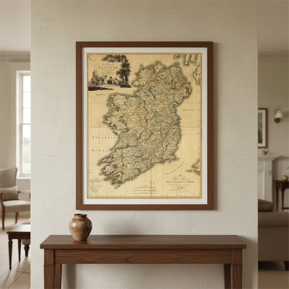 Memoir of a Map of Ireland by Daniel Augustus Beaufort in a dark wood frame above a console table