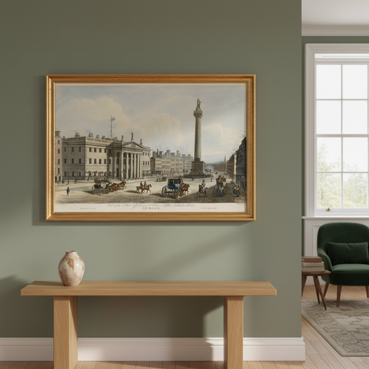 GPO and Nelson’s Pillar on Sackville Street, Dublin displayed in an elegant Irish period-home living room