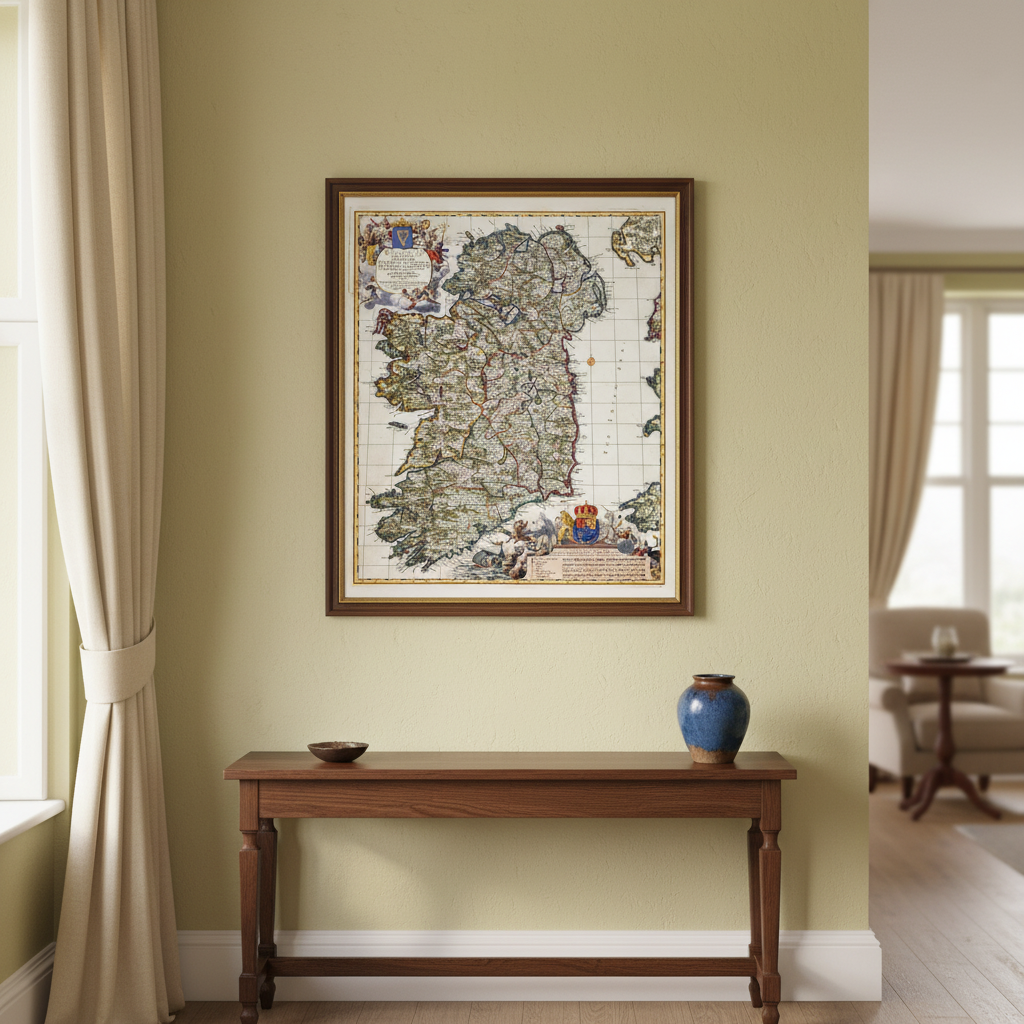 Map of Ireland by Nicolaes Visscher II in a dark wood frame above a console table on a yellow wall
