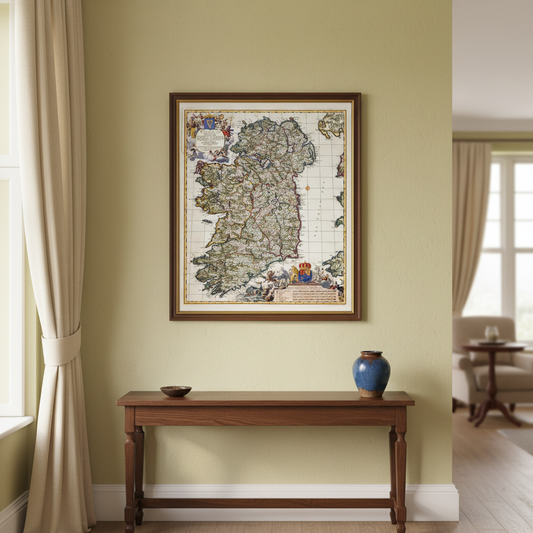 Map of Ireland by Nicolaes Visscher II in a dark wood frame above a console table on a yellow wall