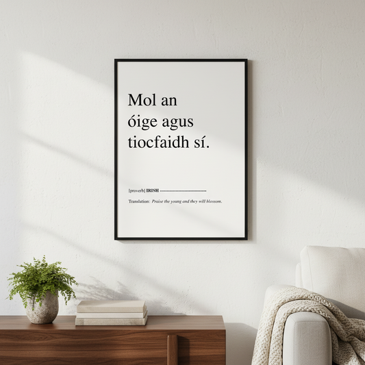 Mol an óige agus tiocfaidh sí Irish proverb print in a black frame above a sideboard beside a sofa