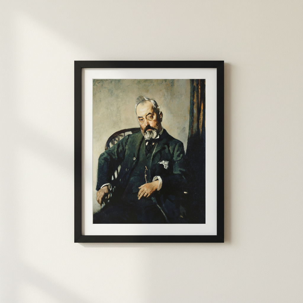 Timothy Healy by William Orpen in a slim black frame with a white mat on an off-white plaster wall