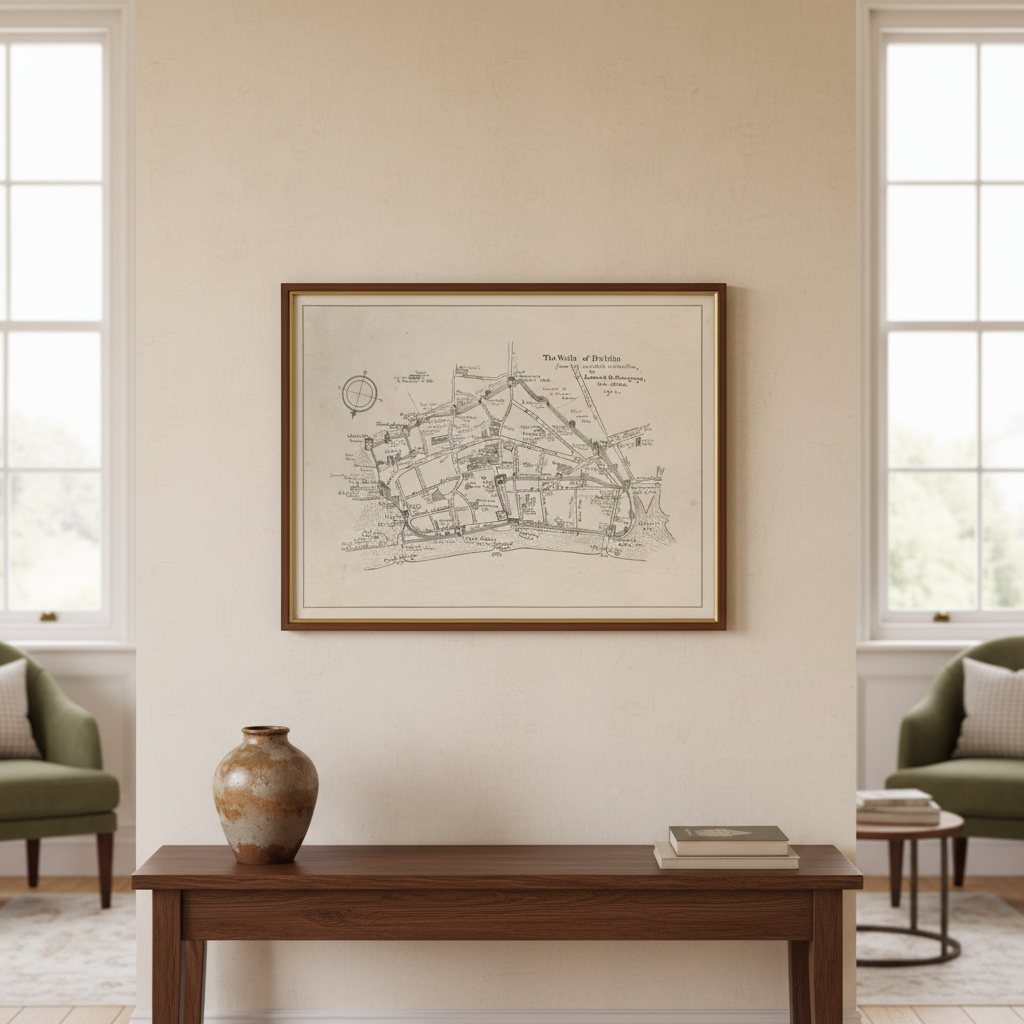 The Walls of Dublin antique map print in a dark wood frame above a hall table between two armchairs