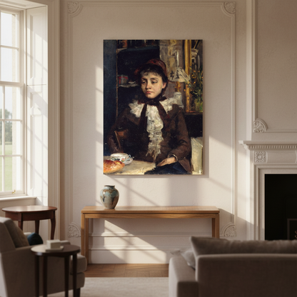 Le Petit Déjeuner by Sarah Purser unframed print hung above a console table in a panelled period room