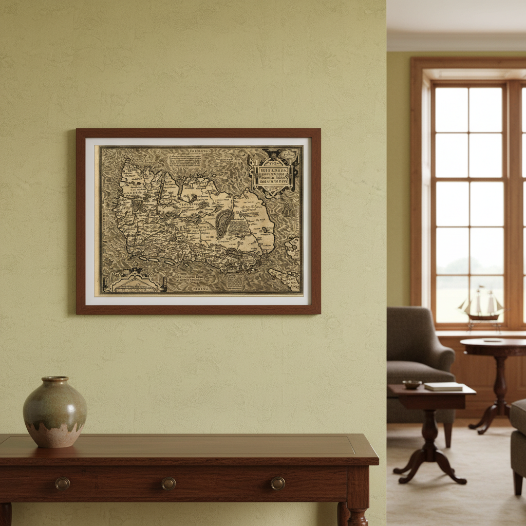 Hiberniae antique Ireland map print in a dark wood frame above a chest of drawers on a green wall