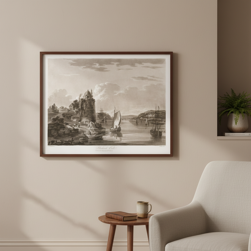 Blackrock Castle 1796 aquatint print in a dark wood frame above a small side table and armchair