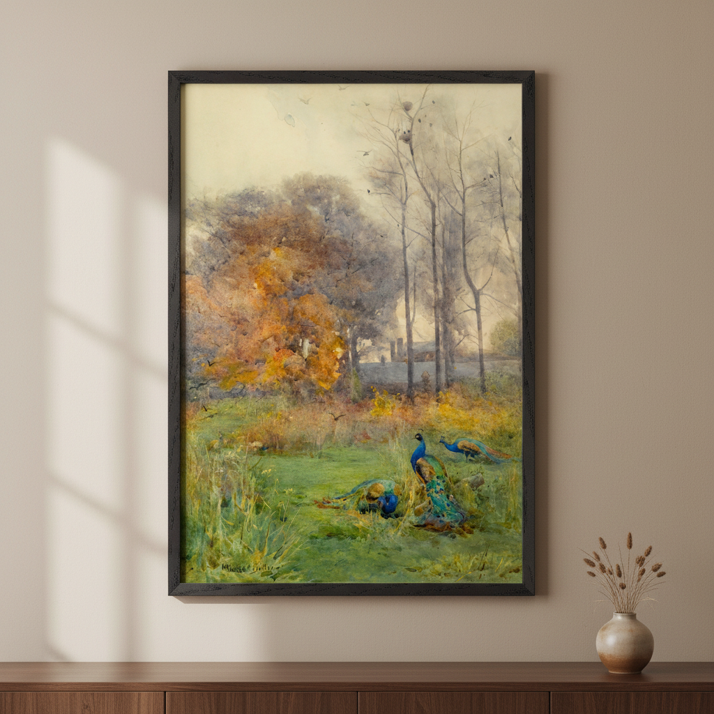 Autumn Days (1928) by Mildred Anne Butler in a black frame on a warm wall above a dark sideboard
