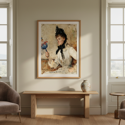 A Lady Holding a Rattle by Sarah Henrietta Purser in a natural oak frame above a wooden console in a period room