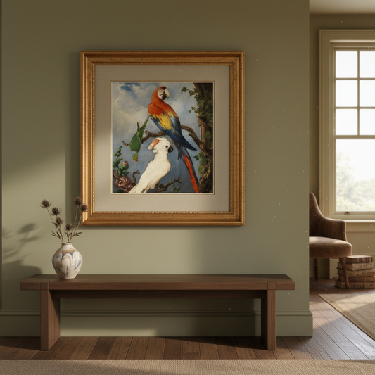 Paroquets by Edward Murphy framed art print displayed in an elegant Irish period-home living room