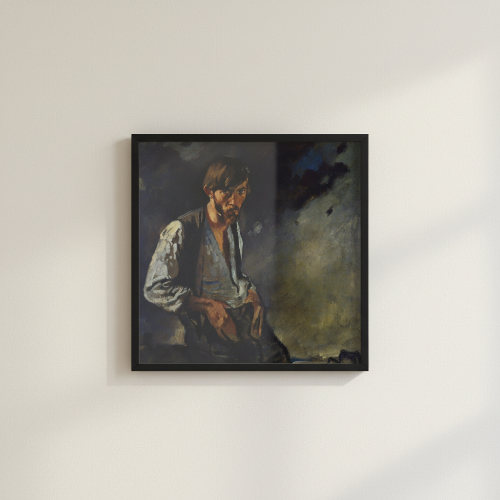 Man from the West, Seán Keating by William Orpen in a slim black frame on an off-white plaster wall