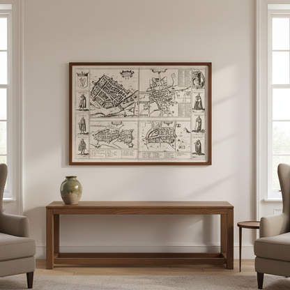 Town Plans of Dublin, Cork, Limerick and Galway 1618 map in a dark frame above a wooden console table