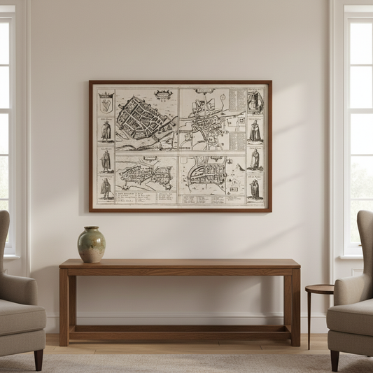 Town Plans of Dublin, Cork, Limerick and Galway 1618 map in a dark frame above a wooden console table