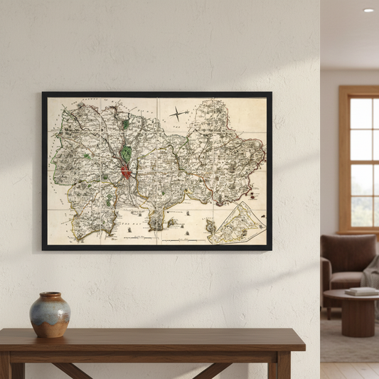 Map of County Dublin by John Rocque in a black frame above a wooden console table beside a window