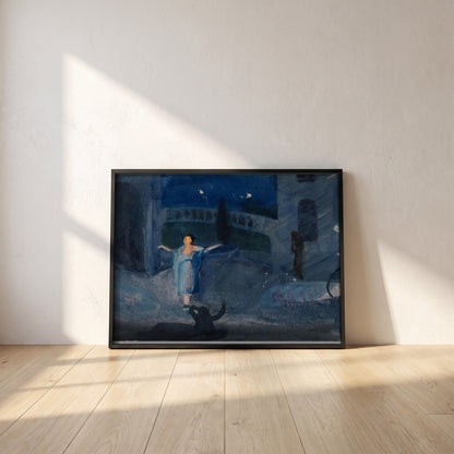 Impression of Jose Collins in The Maid of the Mountains framed print in a black frame leaning against a white plaster wall on oak floorboards in morning light