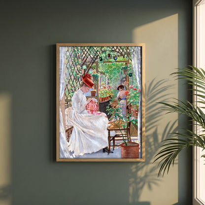 In the Conservatory by Aloysius O'Kelly framed print in a natural oak frame on a dark green wall beside a window, dappled plant shadow