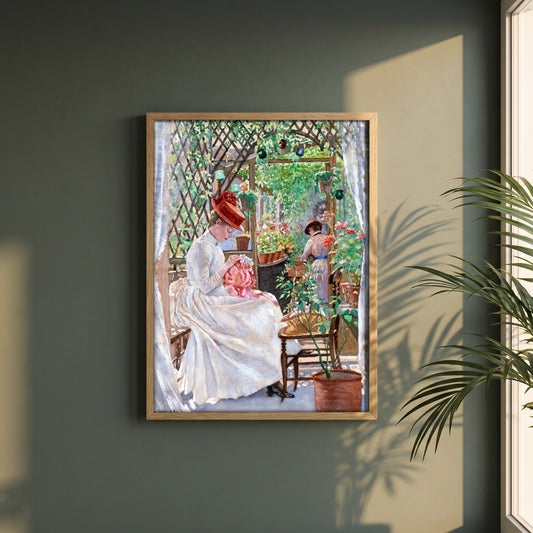 In the Conservatory by Aloysius O'Kelly framed print in a natural oak frame on a dark green wall beside a window, dappled plant shadow